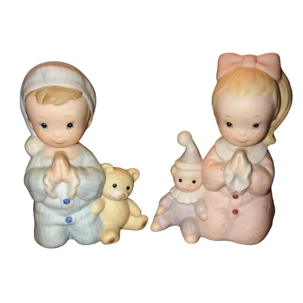 Vtg HOMCO Praying Girl & Boy Porcelain Figurines in Pajamas w/ Teddy Bear Doll